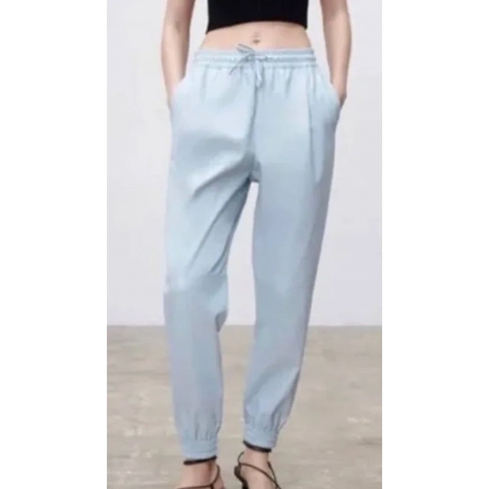 Zara Light Blue Faux Leather Jogger Drawstring Elastic Waist Womens Medium